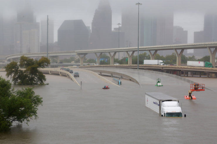 A Houston interstate is submerged in water after Hurricane Harvey brought widespread flooding to the area. The devastating impact strong and more frequent rainstorms are having on the city was detailed in The Texas Tribune/ProPublica's “Boomtown, Flood Town” months before Harvey hit